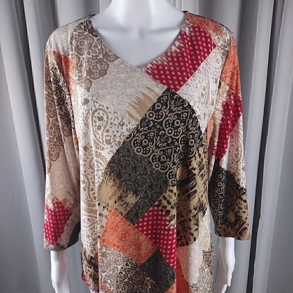 Chico's Women's Bohemian Patchwork, Asymmetrical Hem Pullover Blouse Size 2 (L) - Picture 2 of 15